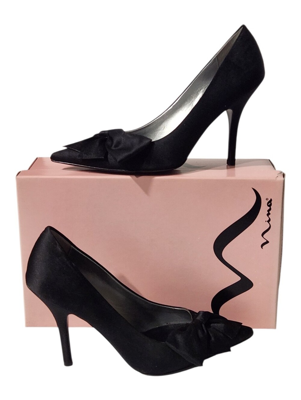 Nina Black Satin Pointed-Toe Bow Heels Size 7M